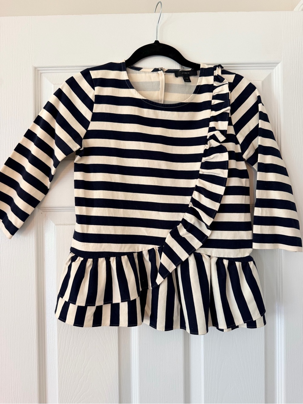 J. Crew Navy & Cream Striped Ruffle Peplum Long Sleeve Top - Kids